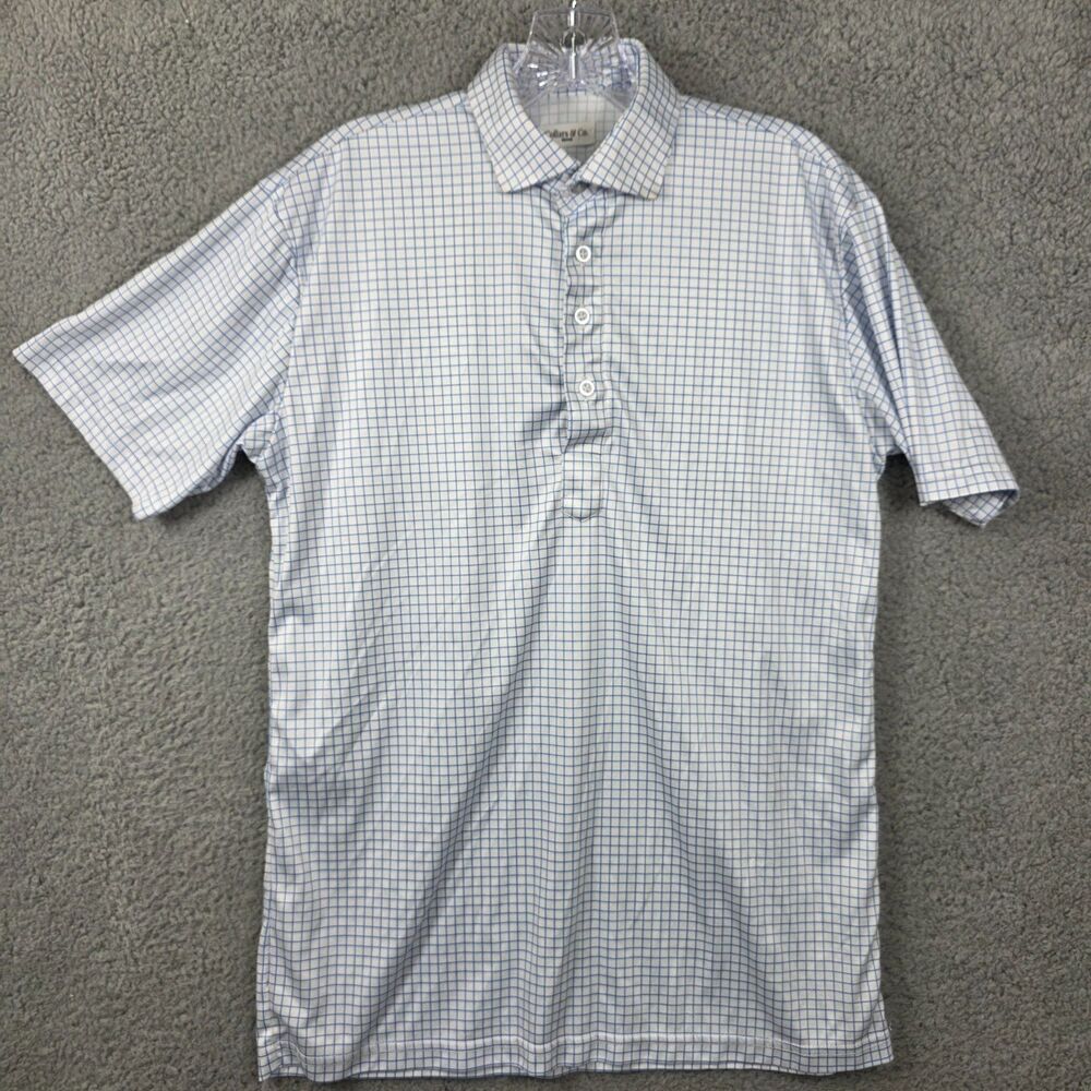 Collars & Co Polo Shirt Mens Medium White Blue Check Dress Collar Golf Stretch